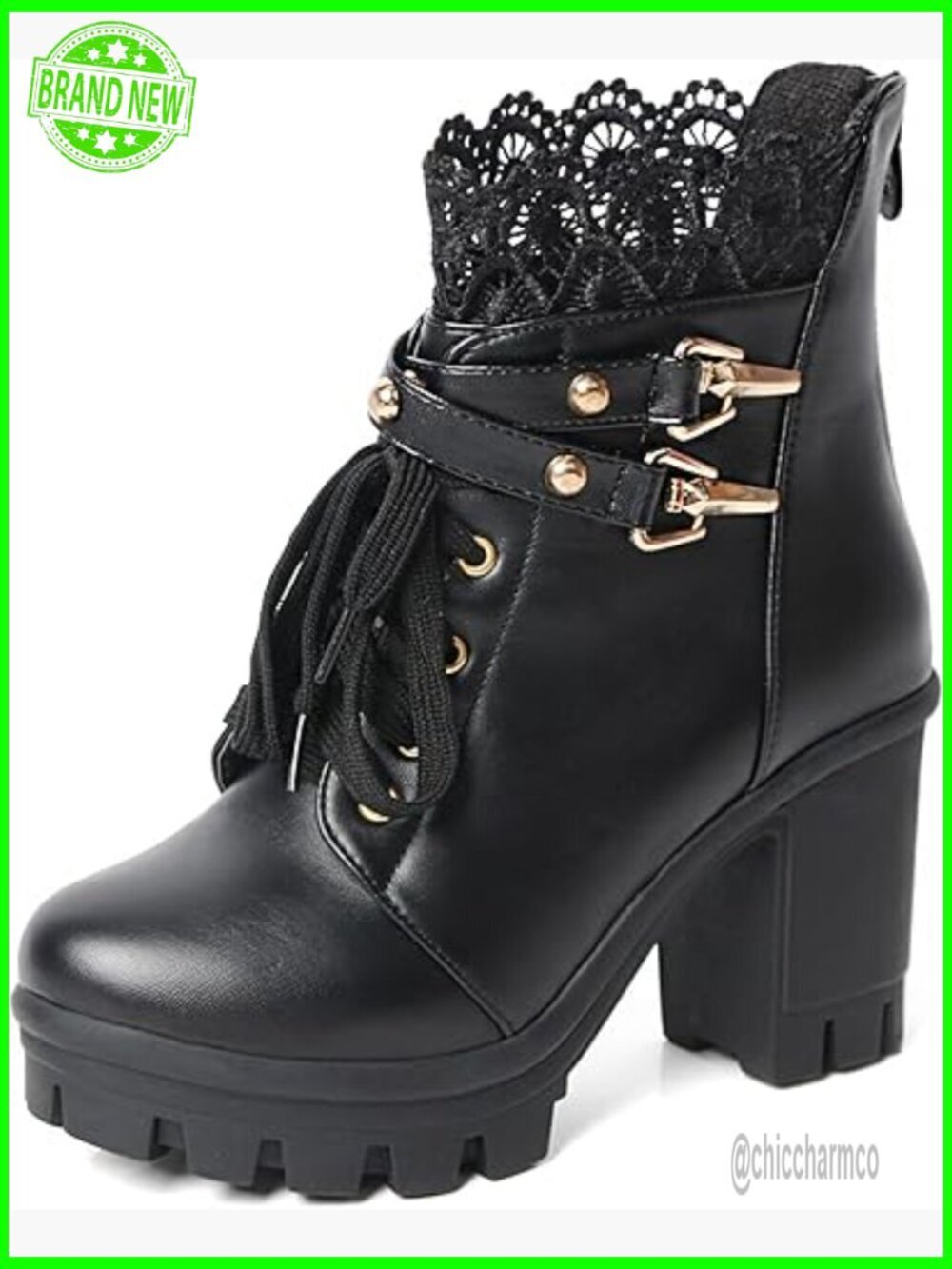 Chunky Heel Platform Combat Boots with Zipper Lace Gothic Punk Shoes